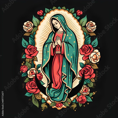 Virgin of Guadalupe illustration, celebration every December 12 in the Basilica of Guadalupe, a highly venerated virgin in Mexico and Latin America, also known as the brown virgin