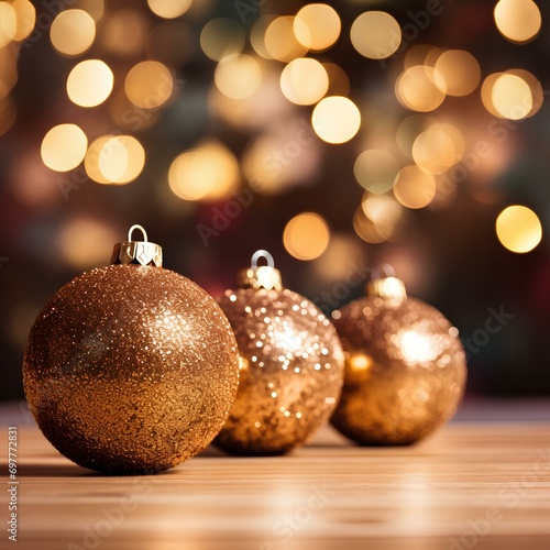 Christmas spheres of golden color with bokeh background,
