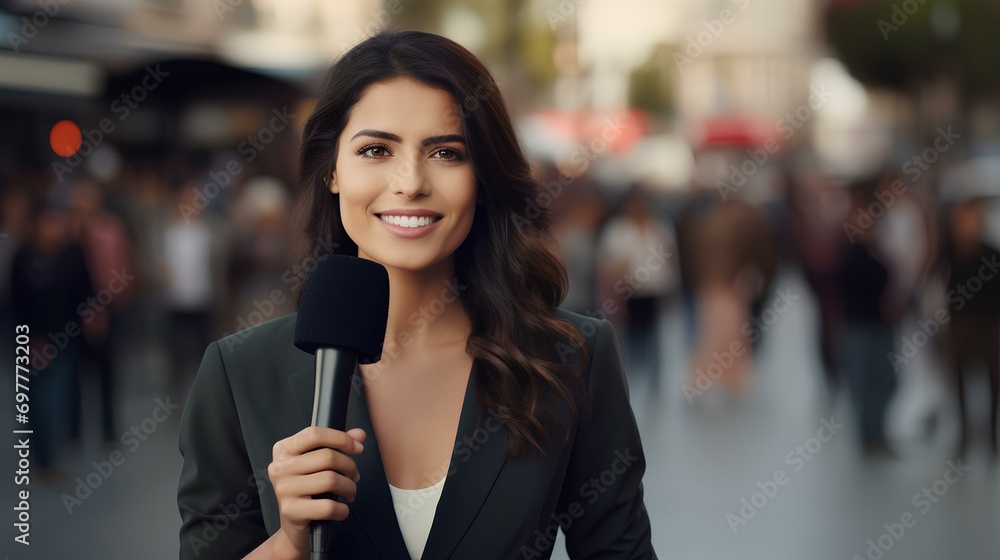 Empowered Latina Mexican woman wears an elegant suit and holds a microphone because she works as a reporter for some important media Empowered Latina Mexican woman wears an elegant suit and holds a microphone because she works as a reporter for some important media
