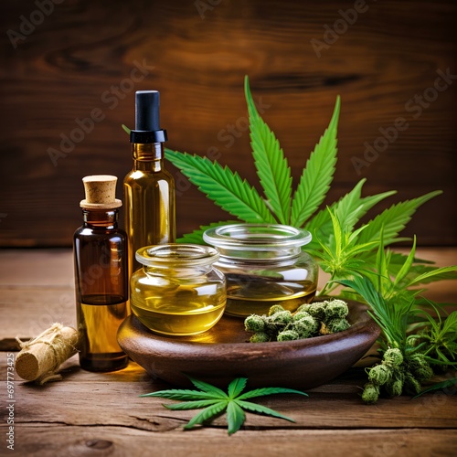 Bottle with marijuana or cannabis extracts with marijuana plants, very holistic