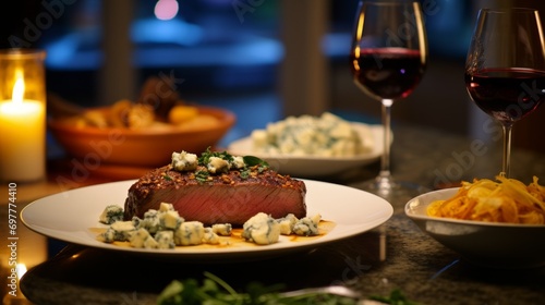 Perfectly pan-seared tenderloin fillets in a fancy restaurant, wine bottle unfocused in background, dim-lighting