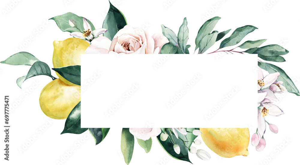 Watercolor Frame with Roses, Lemons and White Flowers - obrazy, fototapety, plakaty 