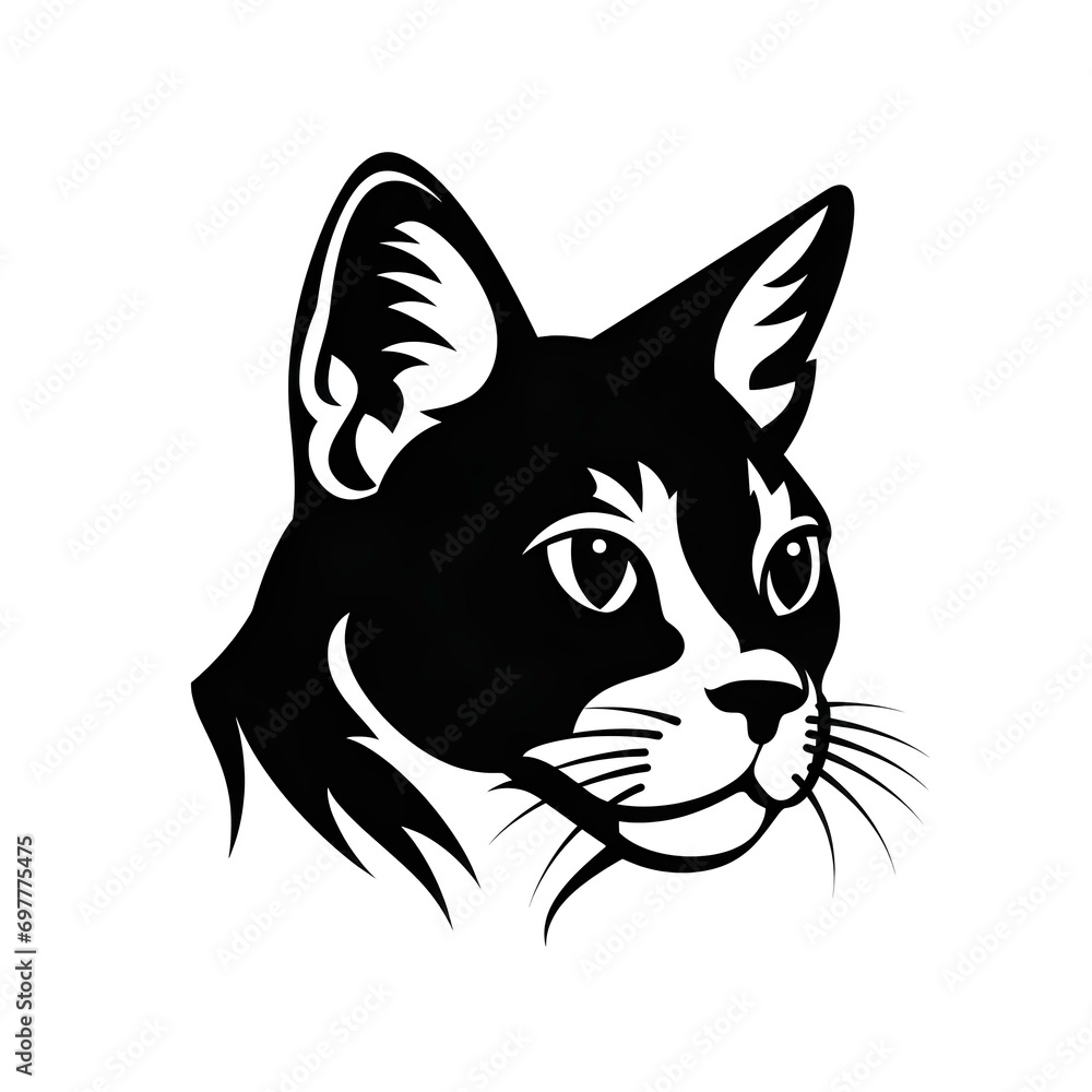 Black and white illustration of an adorable cat in tattoo style silhouette