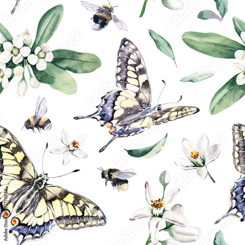 Watercolor Seamless Pattern Background with Elegant Lemon Flowers, Butterfly and Bumblebees photo