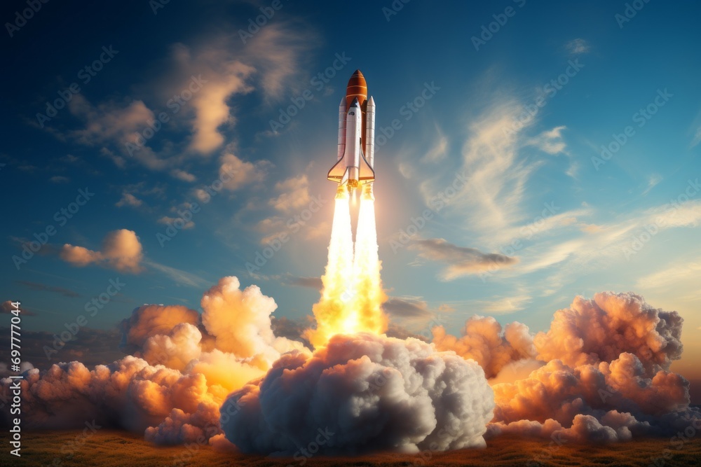 Rocket launch. Background with selective focus and copy space - obrazy, fototapety, plakaty 