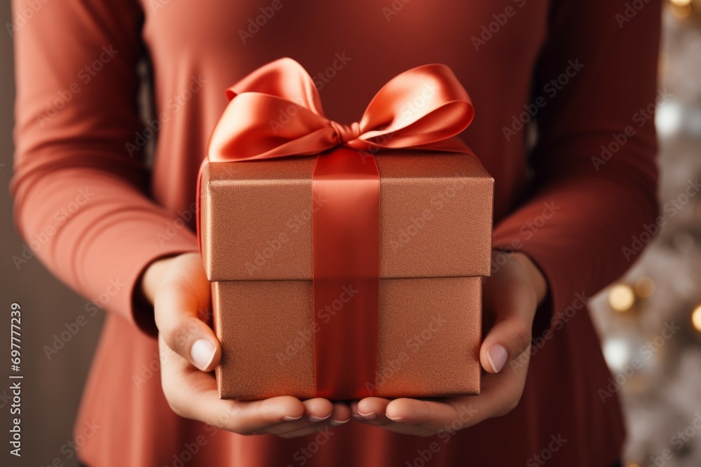 A gift in female hands. Background with selective focus and copy space A gift in female hands. Background with selective focus and copy space