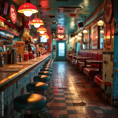 a long bar with stools and lights © Aliaksandr Siamko