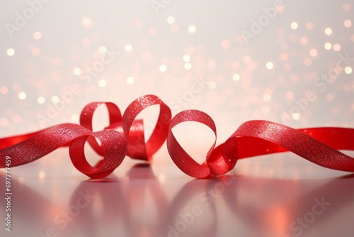 Red ribbon from gift wrapping. Background with selective focus and copy space