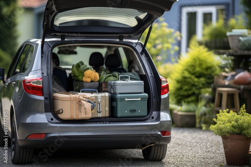 Open trunk of a car with suitcases and belongings, moving to another accommodation, moving out of a student's home or traveling concept