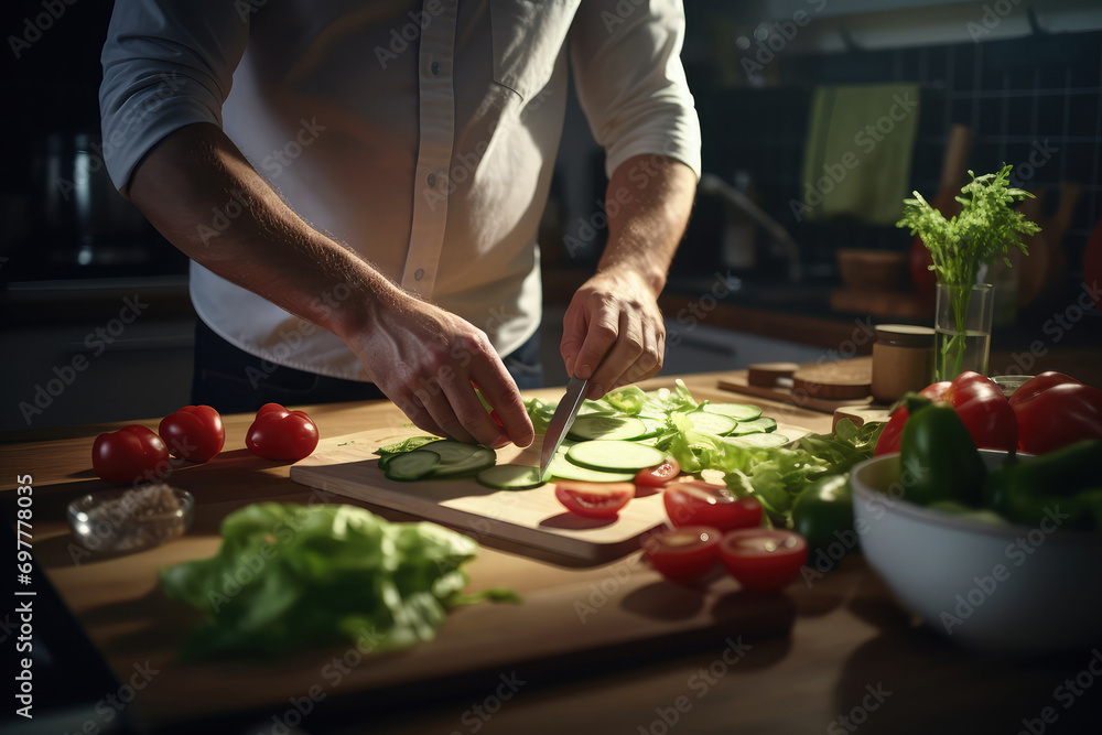 Male hands cutting vegetables in the kitchen
