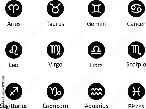 Zodiac signs, vector. Horoscope. Aries, Taurus, Gemini, Cancer, Leo, Virgo, Libra, Scorpio, Sagittarius, Capricorn, Aquarius and Pisces.	