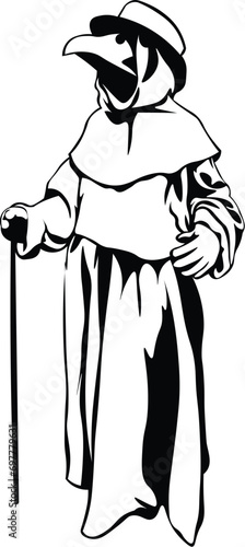 Cartoon Black and White Isolated Illustration Vector Of A Plague Doctor Standing with Mask and Cane