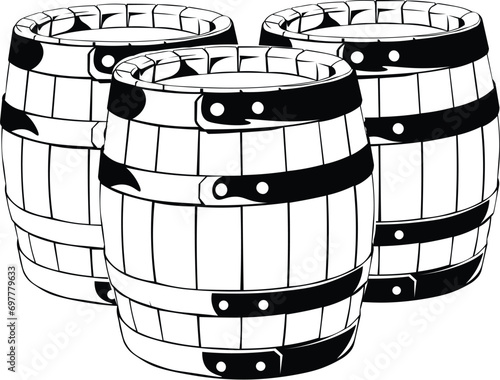 Cartoon Black and White Isolated Illustration Vector Of 3 Wooden Barrels Next to Each Other