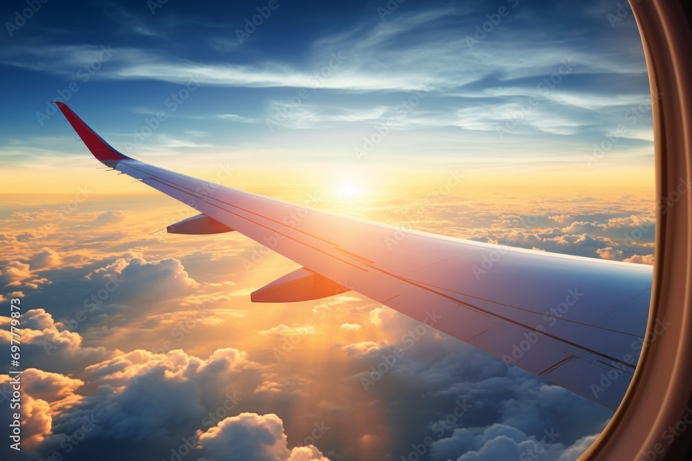 The view from the airplane window to the clouds and sunset. Airplane wing above thick pink and orange clouds. Wonderful breathtaking view. The view from the airplane window to the clouds and sunset. Airplane wing above thick pink and orange clouds. Wonderful breathtaking view.