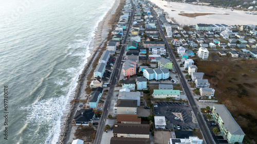 Aerial view of Carolina Beach, NC, with residential homes along the shoreline. photo