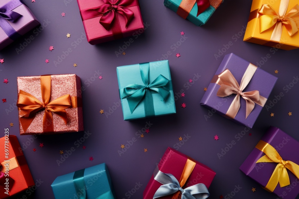 Lot of gift boxes on color background