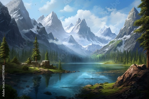 A tranquil view of a scenic lake, vibrant woods, and imposing peak. Generative AI