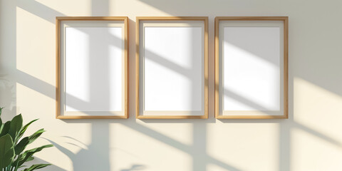 Simple minimalist frame mockup poster hanging on the white wall with plant decoration. wall background with window light and shadow. Empty frame with reflection, transparency isolated. 