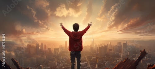 Embracing the Horizon: A Young Man's Open-Armed Gaze at the Urban Skyline, youthfulness, optimism, aspiration, and the anticipation of a bright future in the urban landscape. photo