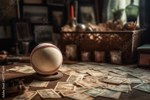Old baseball with fuzzy sports cards in background. Generative AI