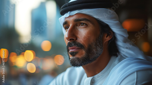Confidence Arab businessman wearing Kandura in downtown city photo