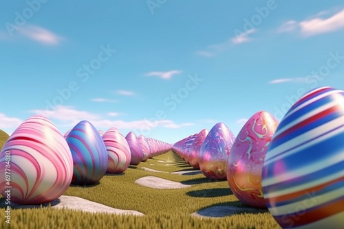 Colorful Easter eggs on grass, under clear blue sky. Pink eggs with floral, striped, triangular patterns. 3D render. Generative AI