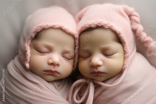 studio-shot of newborn identical ( similar) twin girls sleeping on a sofa.
