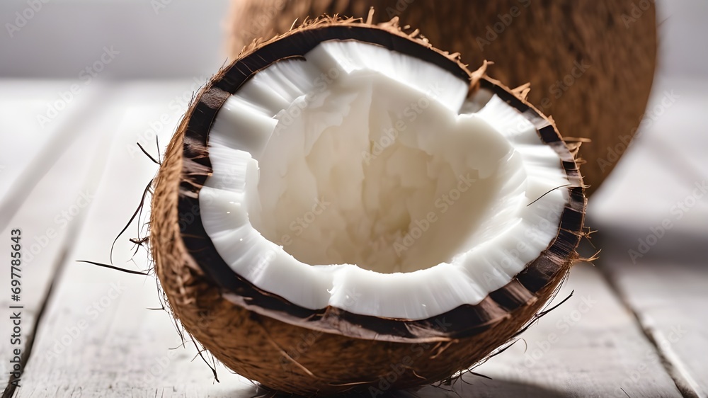 Closeup of a fresh whole and half coconut. Coconuts are native to