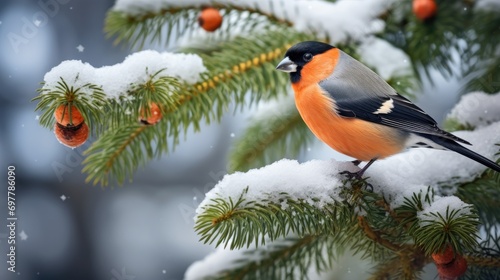 bullfinch on a branch in a snowy forest against the background of Christmas trees