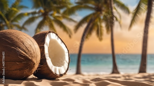 Closeup of a fresh whole and half coconut with coconut trees on beautiful sandy beach with sunset. Coconuts are native to tropical climates and they have good (HDL) cholesterol. World Coconut Day