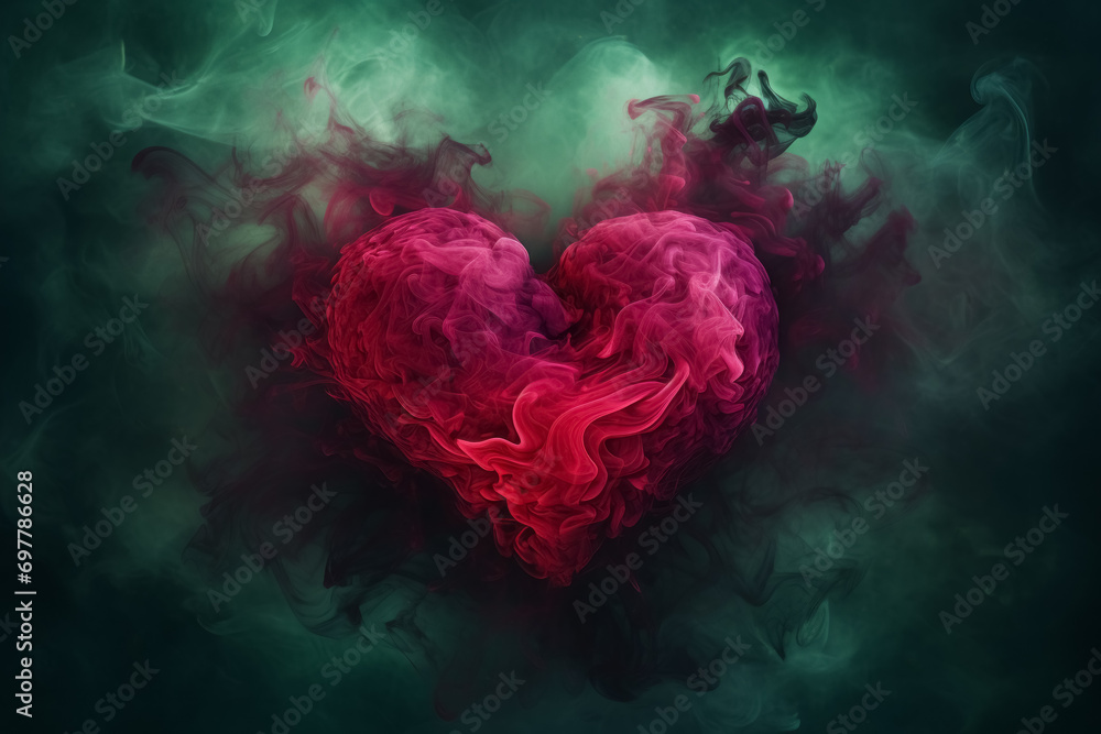 Mystical Heart of Smoke, Vivid Red and Pink Smoke Shaping a Heart on Dark Green Background, Valentine's Day Abstract Background, Artistic Concept. Mystical Heart of Smoke, Vivid Red and Pink Smoke Shaping a Heart on Dark Green Background, Valentine's Day Abstract Background, Artistic Concept.