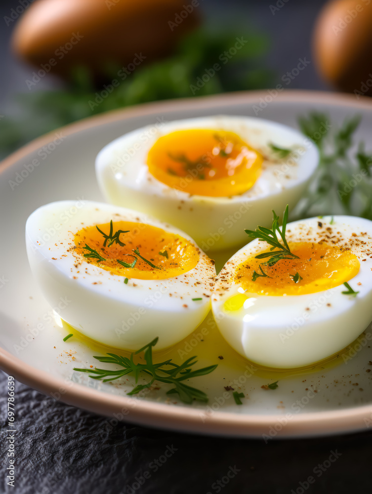 Perfectly Cooked Boiled Eggs on Ceramic Plate, Nutritious Snack, High-Protein Breakfast Idea, Food Photography Perfectly Cooked Boiled Eggs on Ceramic Plate, Nutritious Snack, High-Protein Breakfast Idea, Food Photography