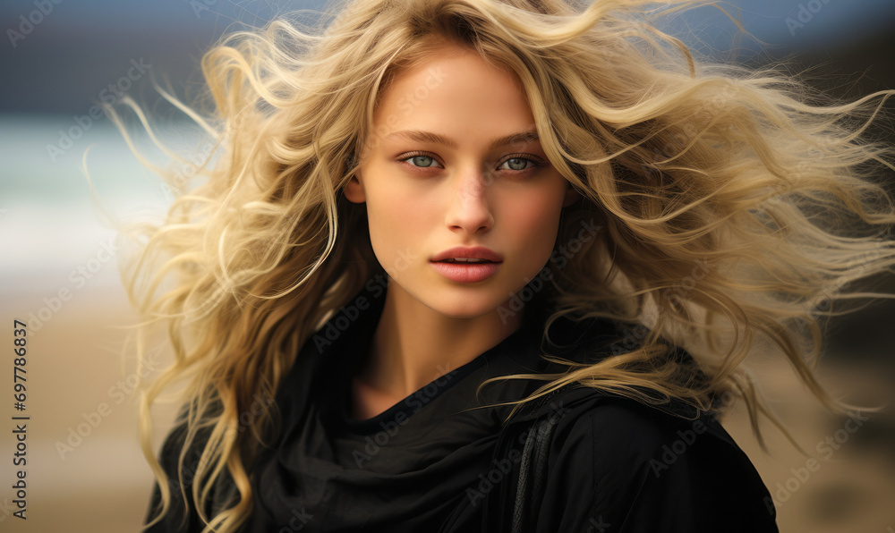 Ethereal Beauty with Flowing Blonde Hair in Wind, Piercing Blue Eyes, and Black Attire Against a Hazy Background Ethereal Beauty with Flowing Blonde Hair in Wind, Piercing Blue Eyes, and Black Attire Against a Hazy Background