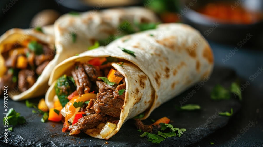 Burritos wraps with beef and vegetables on black background Burritos wraps with beef and vegetables on black background