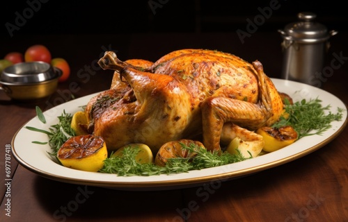 an oldfashioned roast chicken is ready to eat with fresh herbs