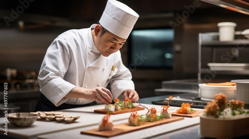 chef of a Japanese restaurant in the kitchen prepares various sets or sets of sushi and rolls.