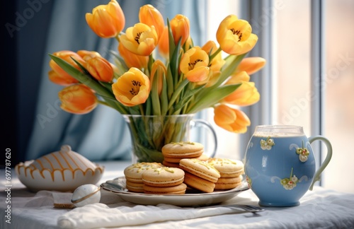 an easter table with cookies and a flower
