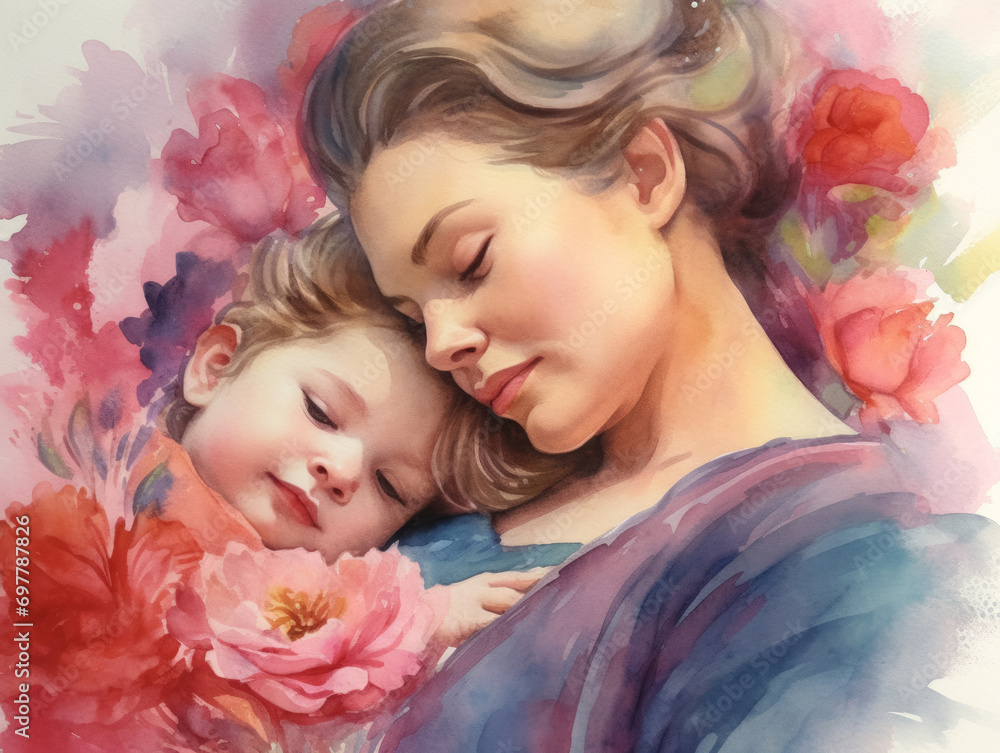 Mother holds baby in her arms on a background of flowers, mother's day, children's day, child's day Mother holds baby in her arms on a background of flowers, mother's day, children's day, child's day