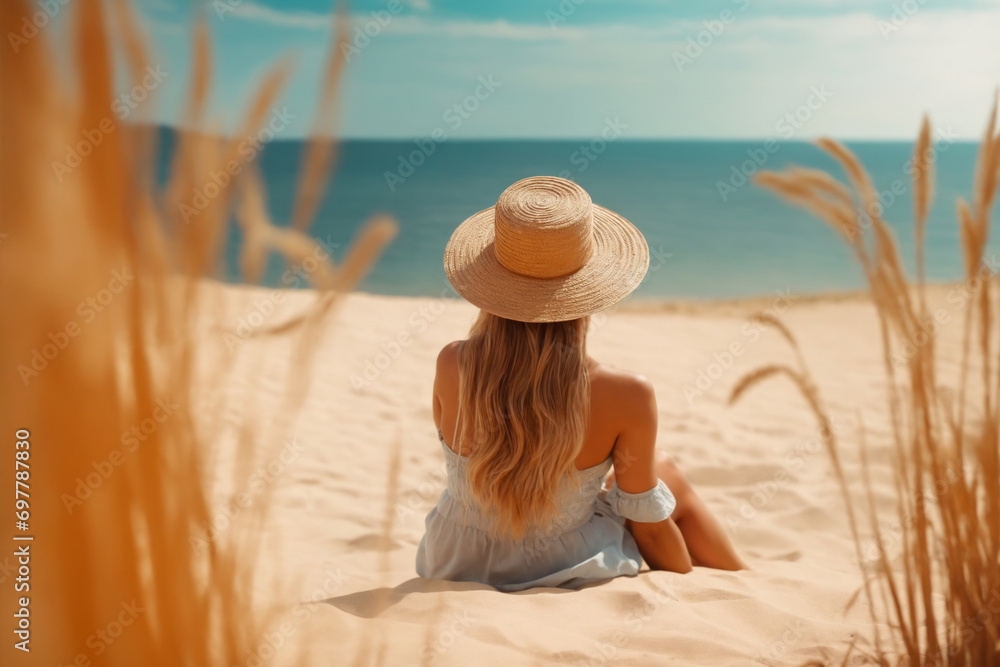 A woman in a hat sits on a beach, gazing at the serene ocean, surrounded by golden sands and tall grasses. 