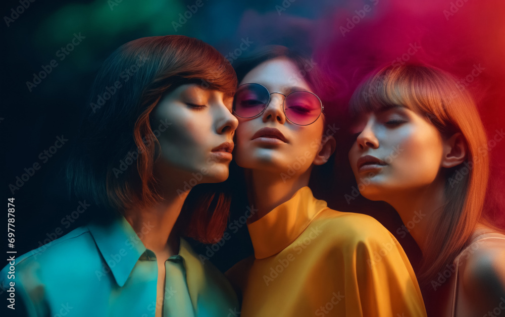 Three beautiful young women in a dramatic and artistic setting with their eyes closed, each wearing a different color outer garment. Three beautiful young women in a dramatic and artistic setting with their eyes closed, each wearing a different color outer garment.