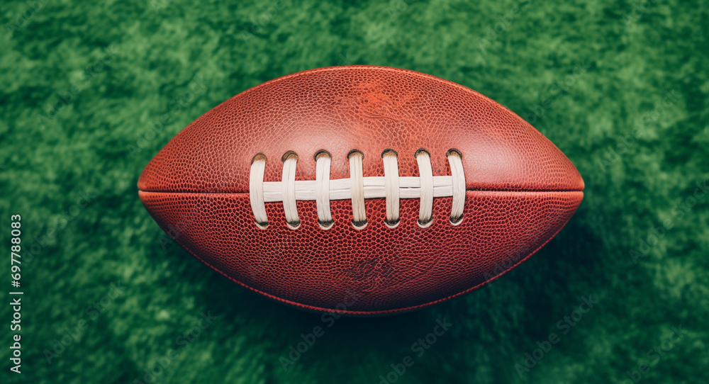 Obraz premium Rugby ball on green grass football field top view with copy space for text