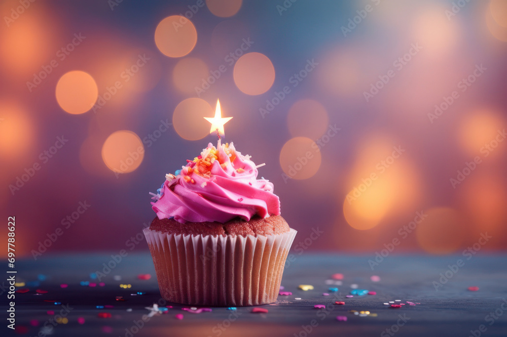 Festive cupcake with a candle on a pink background. Festive background. AI generative. Festive cupcake with a candle on a pink background. Festive background. AI generative.