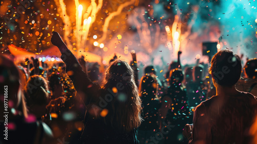 And fallen people rejoicing fireworks, all this people with raised hands on the background of fireworks panorama © Alina Zavhorodnii