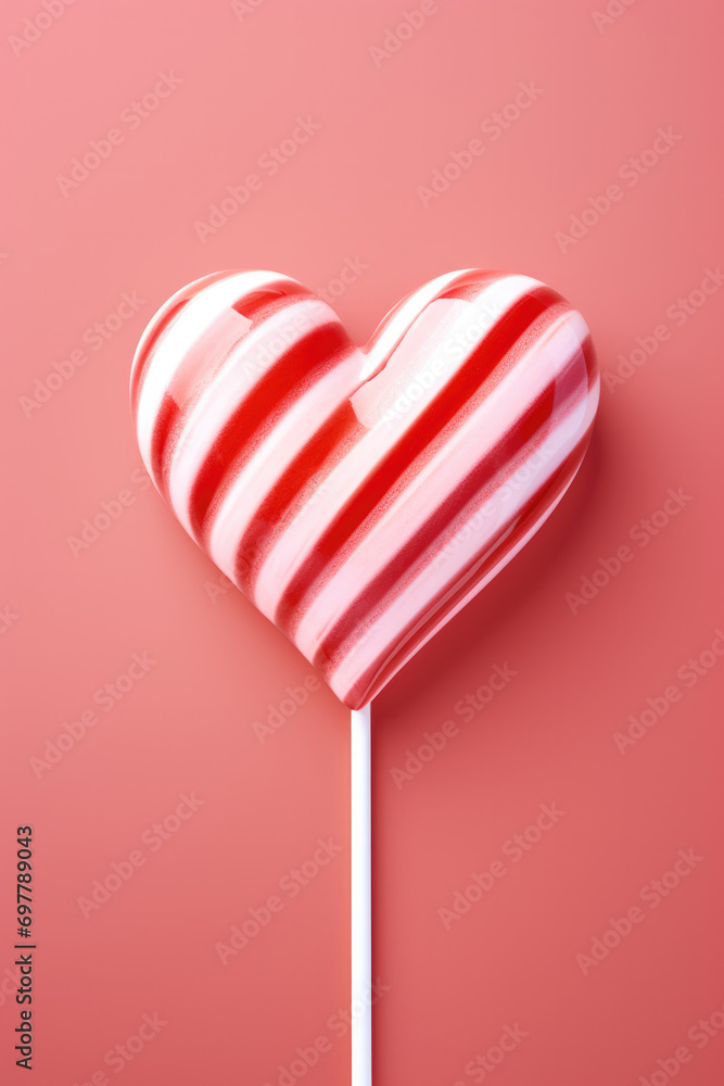 Candy on a stick in the shape of a heart on a pink background