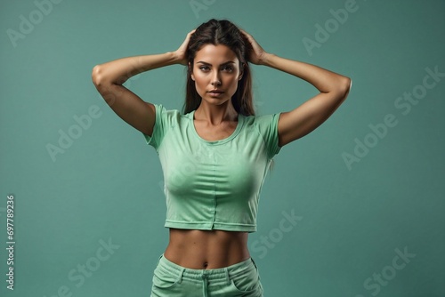 fintess woman in vibrant sportswear showcasing agility on a pastel green studio backdrop, health and fitness 
