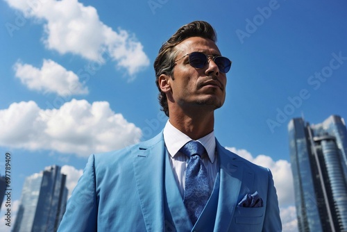 confident businessman in a sleek blue suit on towering skyscrapers backdrop, urban, cityscape, professional, corporat