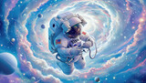 Astronaut in a cosmic swirl among cosmic spheres and planets