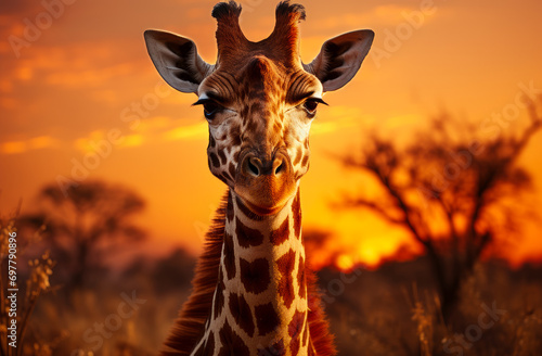 Giraffe standing in the meadow at sunset. A close up of a giraffe with a sunset in the background