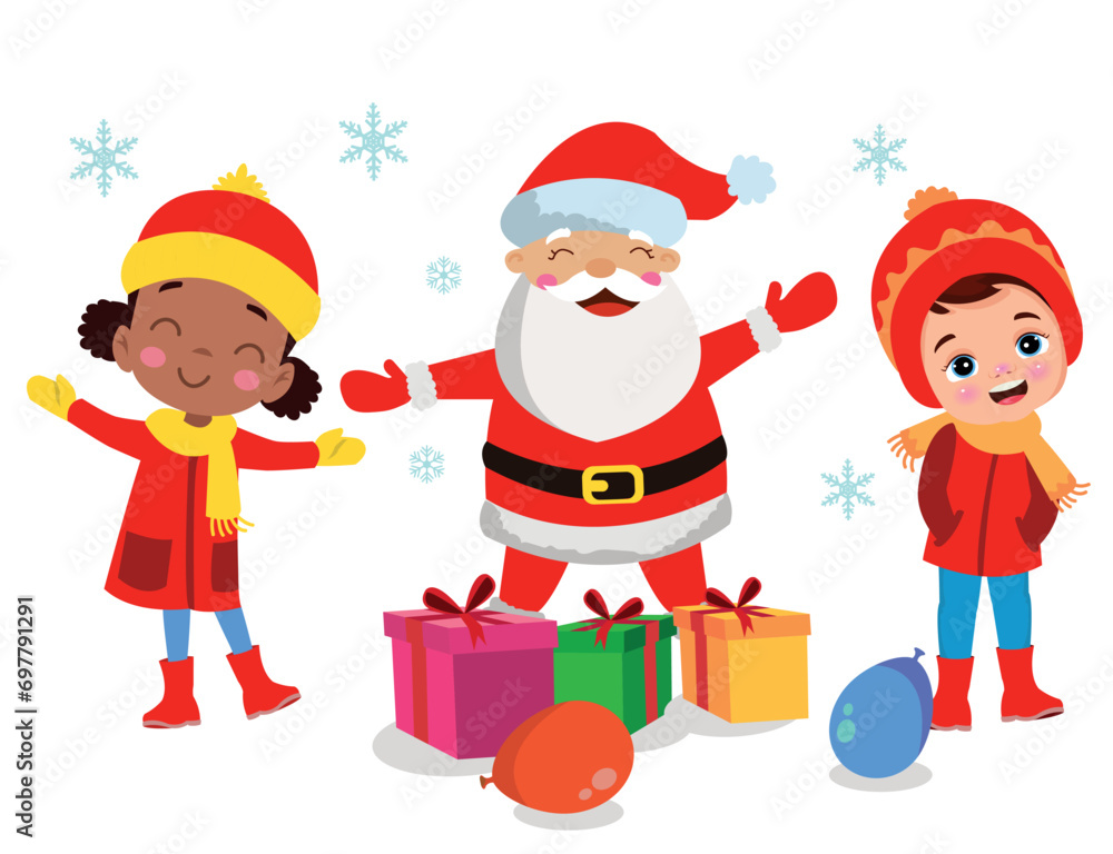 Merry Christmas and happy kids new year greeting card with cute Santa Claus little snowman with gifts. Merry Christmas and happy kids new year greeting card with cute Santa Claus little snowman with gifts.