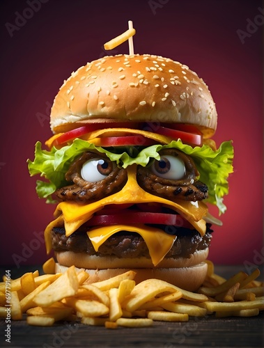 A juicy hamburger with a human face photo